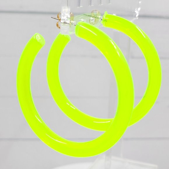 2" Yellow 80's Retro Neon Translucent Tube Lucite Hoop Earrings - Picture 6 of 11